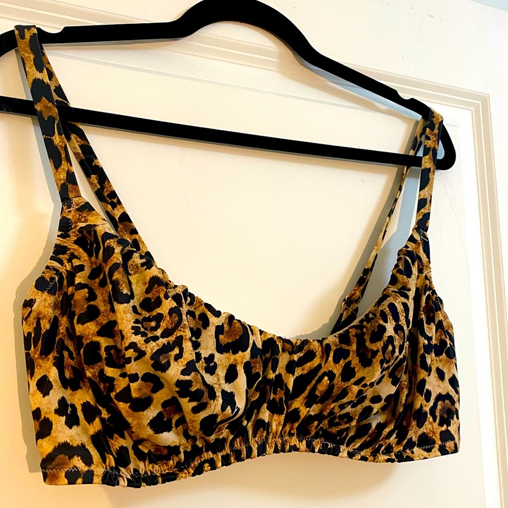Leopard print bikini top by Shade and Shore. Perfect fit bra sizing 36DD